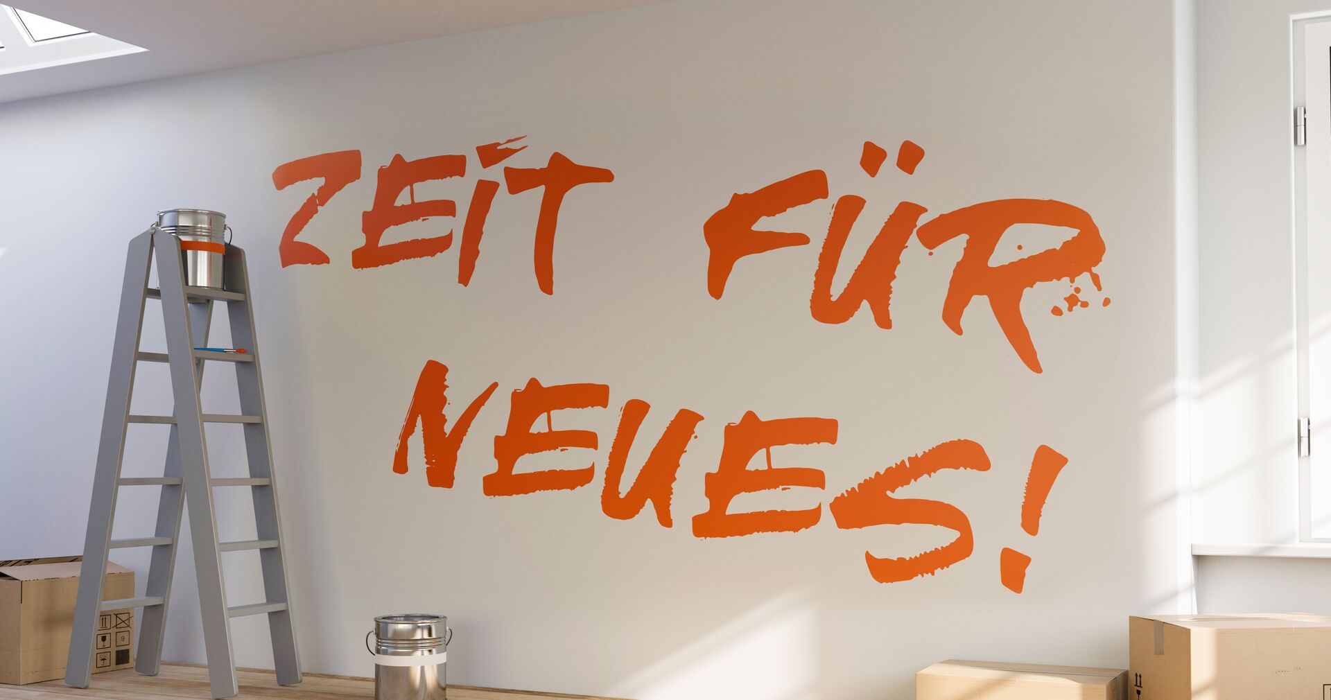 Eine weiße Wand mit der Aufschrift "Zeit für neues!" und einer Leiter mit Farbeimer